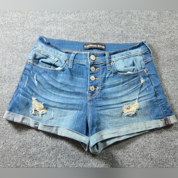Express Pants - Express Jeans Shorts Womens Sz 8 Distressed Cuffed Hem Button Fly Denim